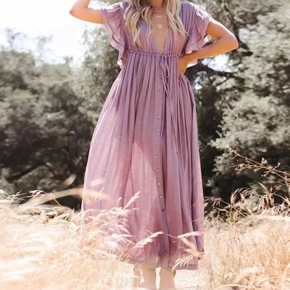 SOLD OUT Lavender Gauze Boho Button Maxi Dress - Picture 8 of 10